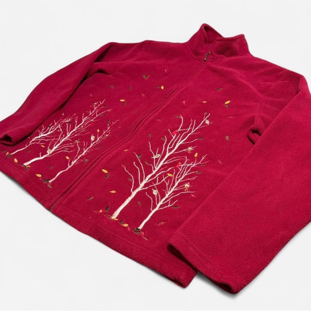 Vintage Red Wine Colour Embroidered Zip up Fleece Jacket w/Pockets & tree, birds
